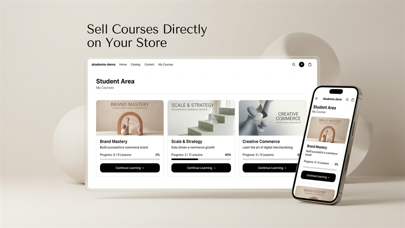Akademia course platform interface - Student Area on Shopify store